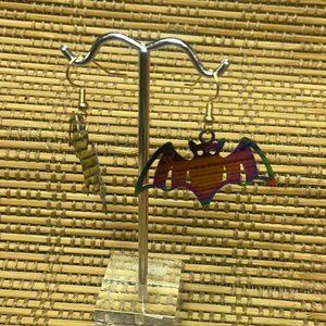 retro deadstock gold tone unique multicolored little bat earrings
